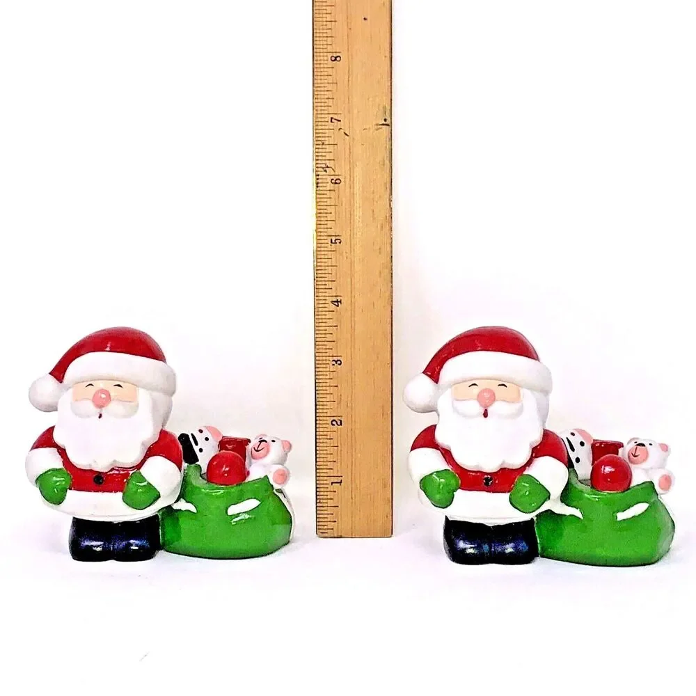 Santa Candle Holder Figurines Vintage Ceramic St Nick w/Sack 80s Taiwan Set of 2